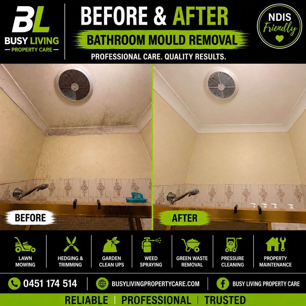 Before and after removing mould from bathroom walls and ceiling
