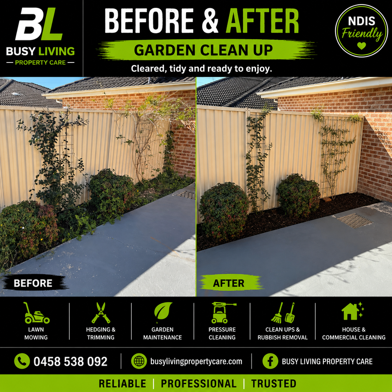 Before and after clearing overgrown vines and mulching a courtyard garden bed