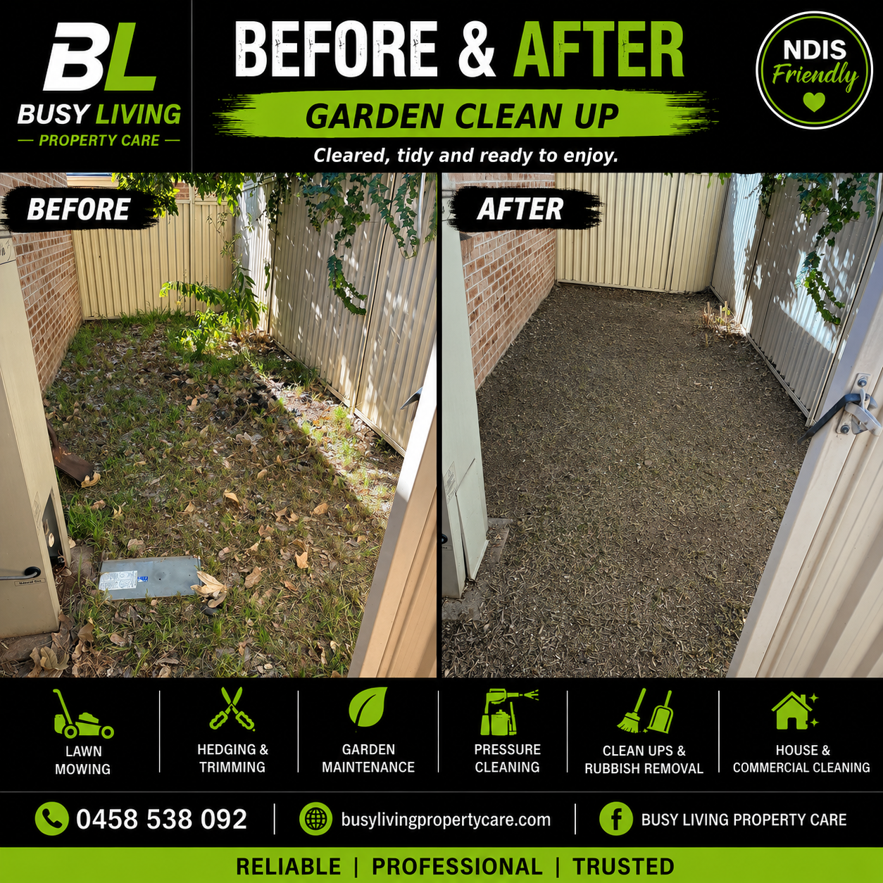 Before and after clearing weeds and leaf litter from a side passage
