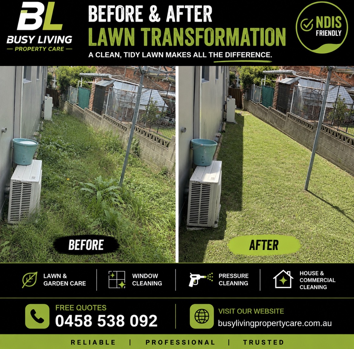 Before and after clearing and mowing an overgrown side yard