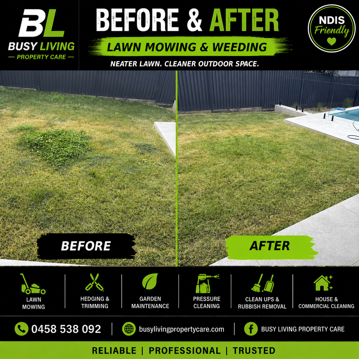 Before and after mowing and removing weeds from a backyard lawn