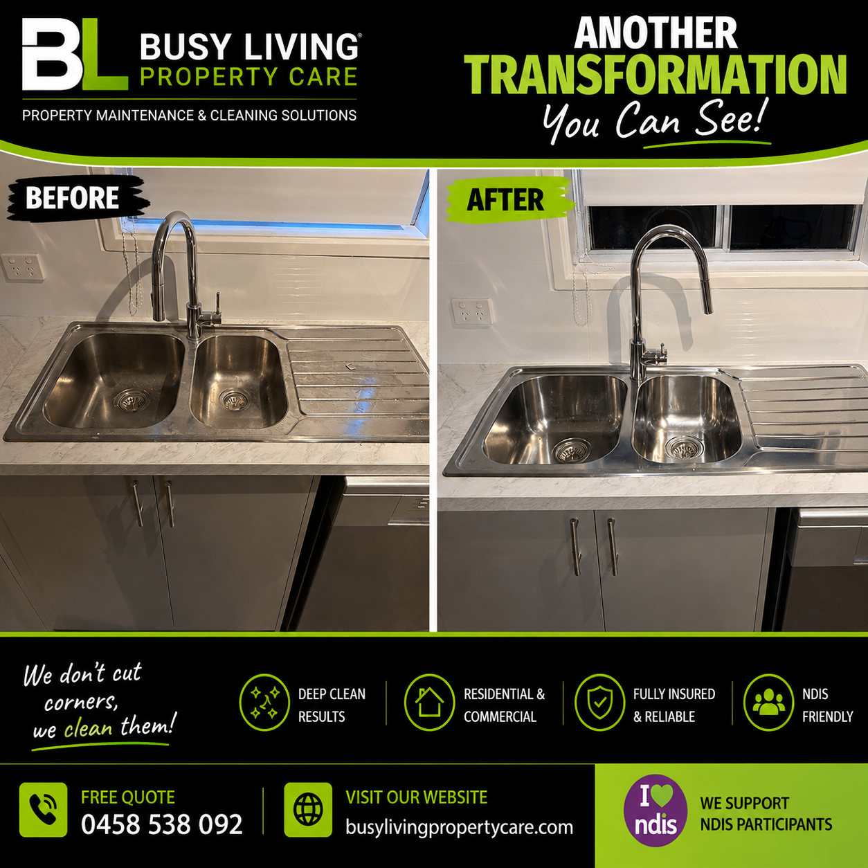 Before and after deep cleaning a stainless steel kitchen sink and benchtop
