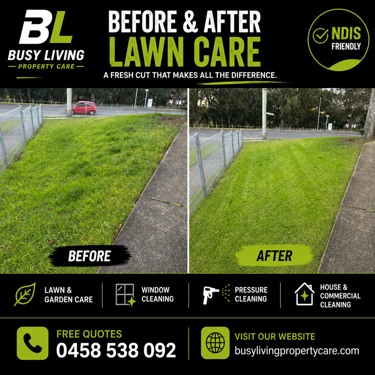 Before and after mowing a grassed verge beside a footpath