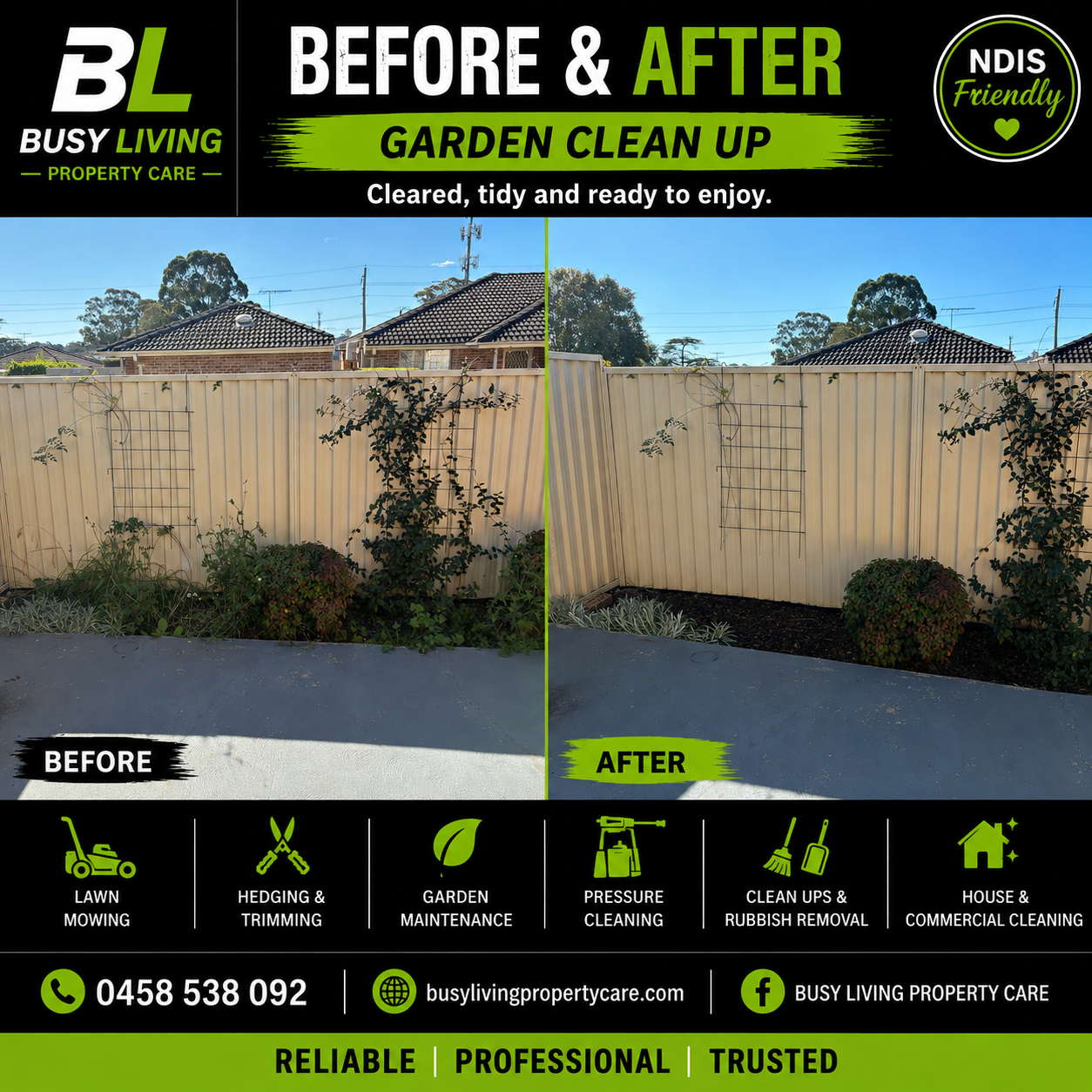 Before and after clearing and mulching an overgrown fence line garden bed