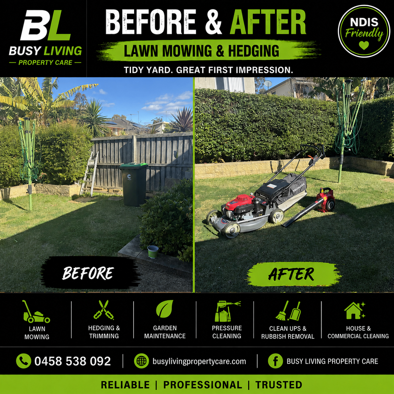 Before and after lawn mowing and hedging in a Western Sydney backyard
