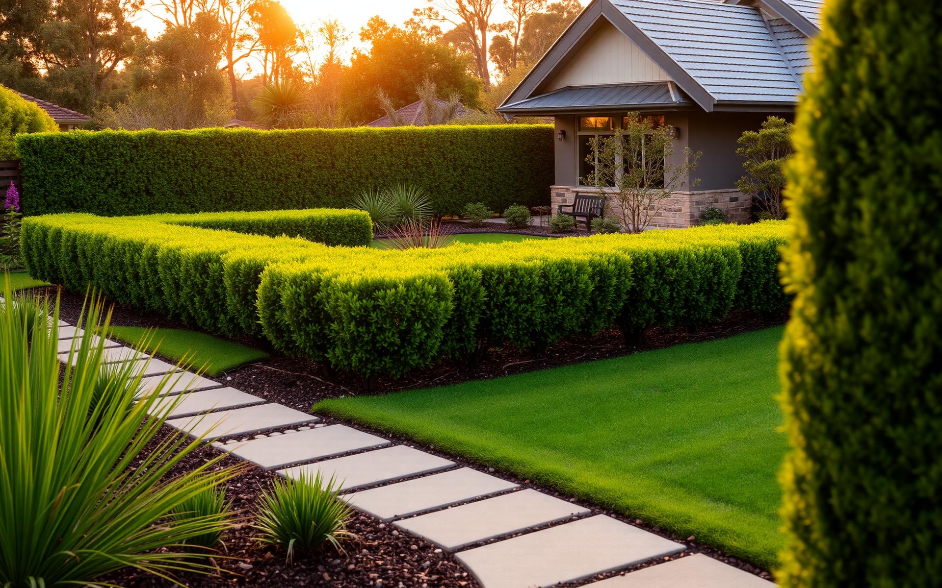 Well maintained landscaped garden with sharp hedges